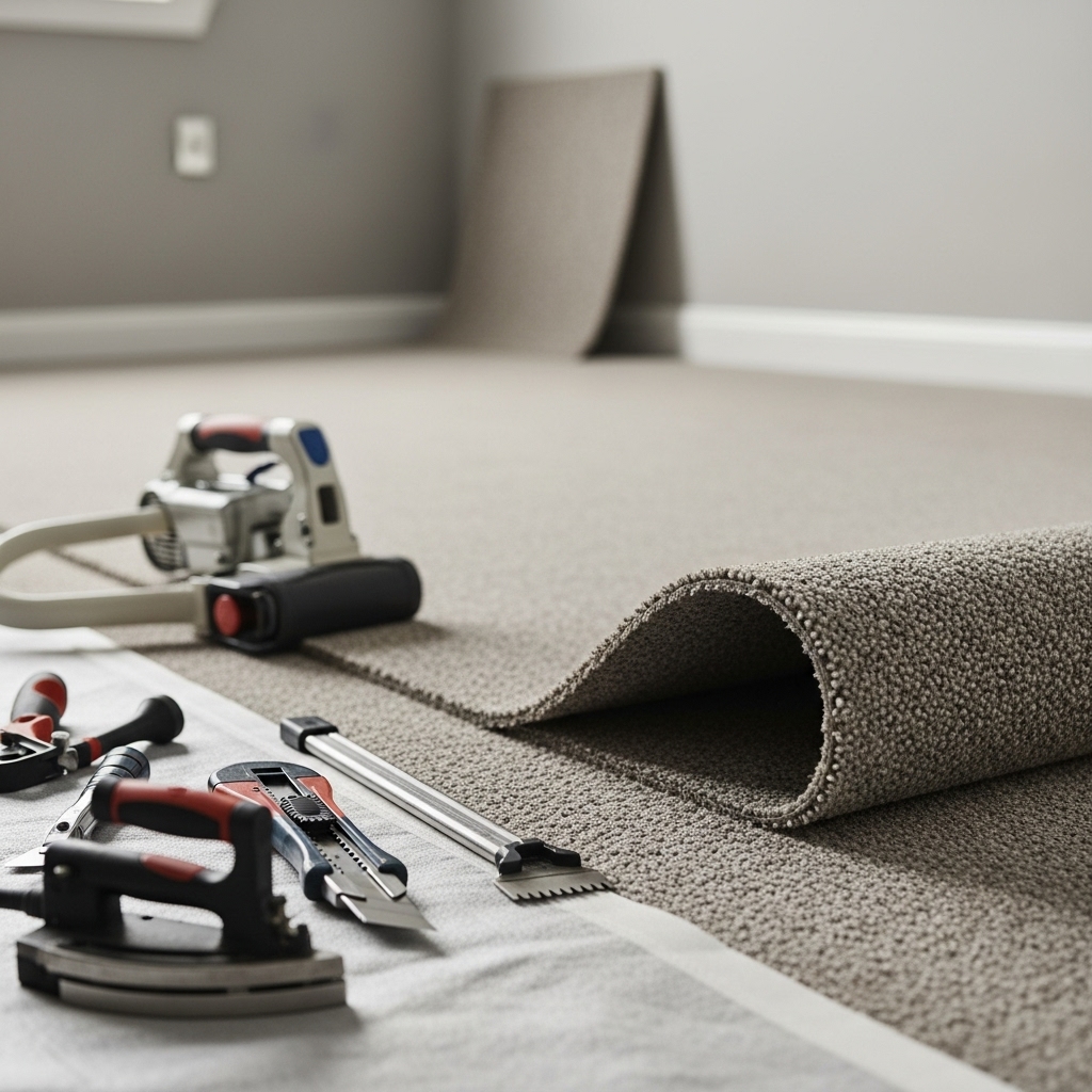 Professional carpet installation showing skilled technician installing new carpet flooring in residential space